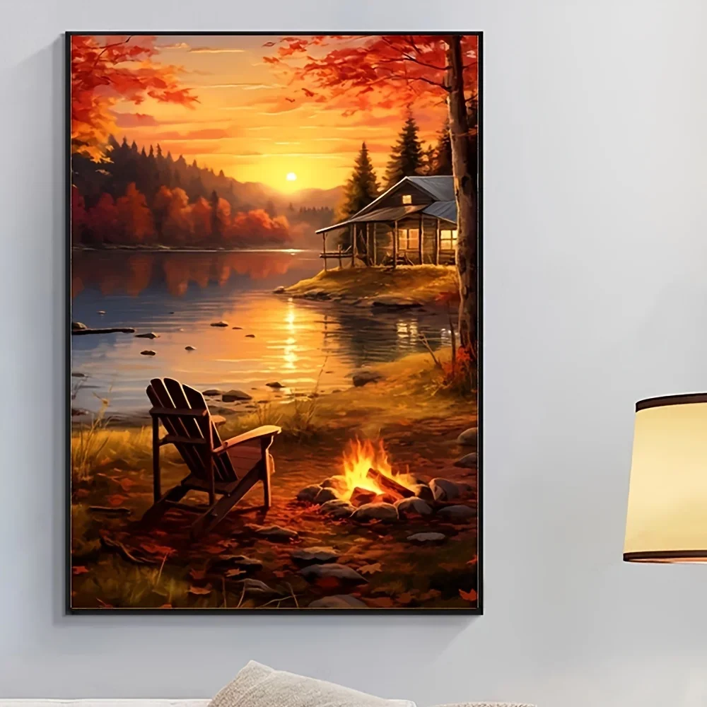 (No frame)Rustic Sunset by the Lake Canvas Art Print, Wooden Frame Cozy Cabin Scene with Rocking Chair & Fire Pit, Serene Lan