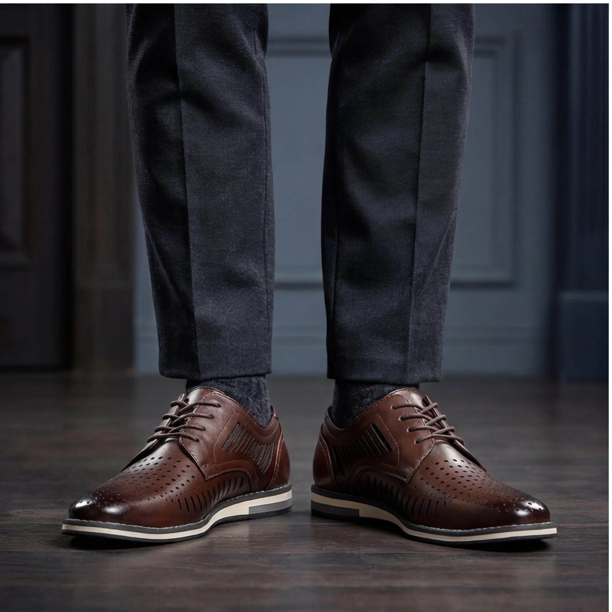 Men's Casual Shoes Cutout-Style Side Pattern Shoes For Man Daily Wear Man Shoes Stitched Overlays Burnished Finish