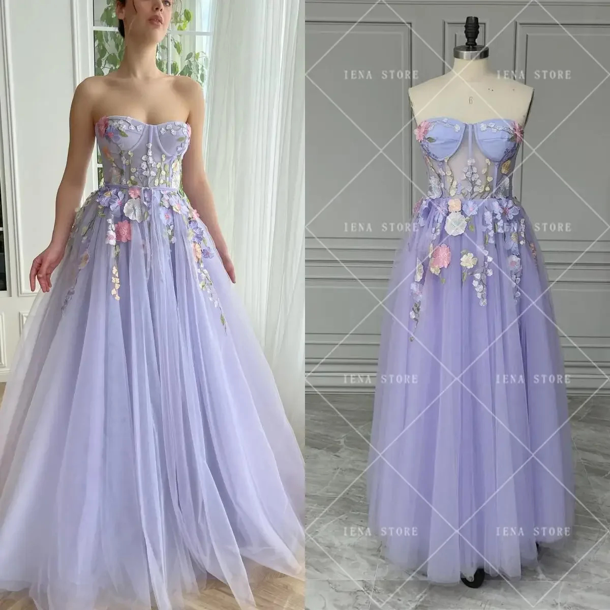 14766# Lavender Floral Tulle Maxi Evening Dress Strapless Flower Appliques  Prom Party Gowns Formal Event Dress customize