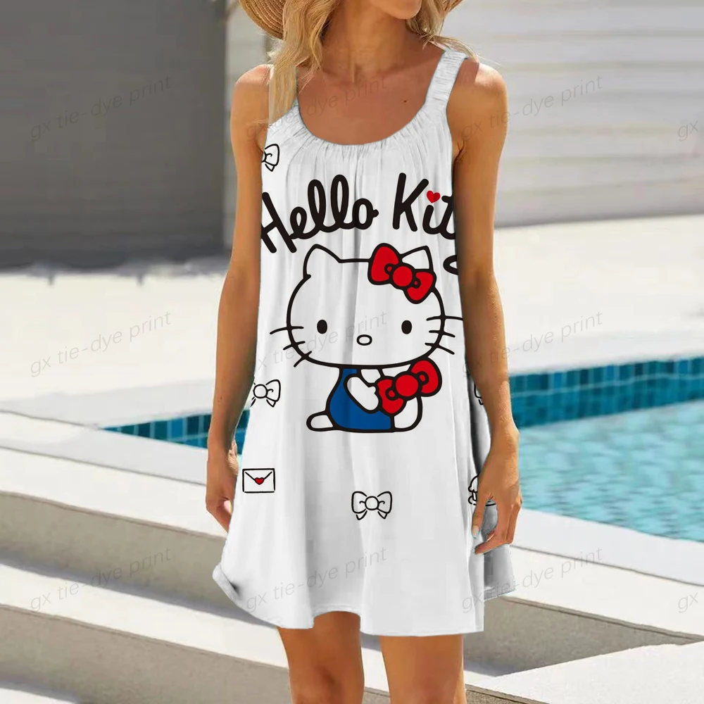 

Summer Hello Kitty ​Women Sexy Beach Dresses 3D Cartoon Tie Dye Rainbow Suspenders Vintage Beachwear Fashion Party Dress