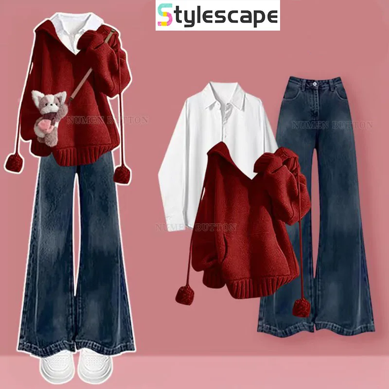 

Large size autumn light luxury set, women's atmosphere retro hooded top, bottom shirt, slimming jeans three piece set pant sets