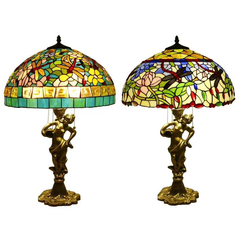 

18 American Vintage Tiffany Stained Glass Lamp Round Table Lamp Modern European Design Hotel Bedroom Decor AC Power Supply