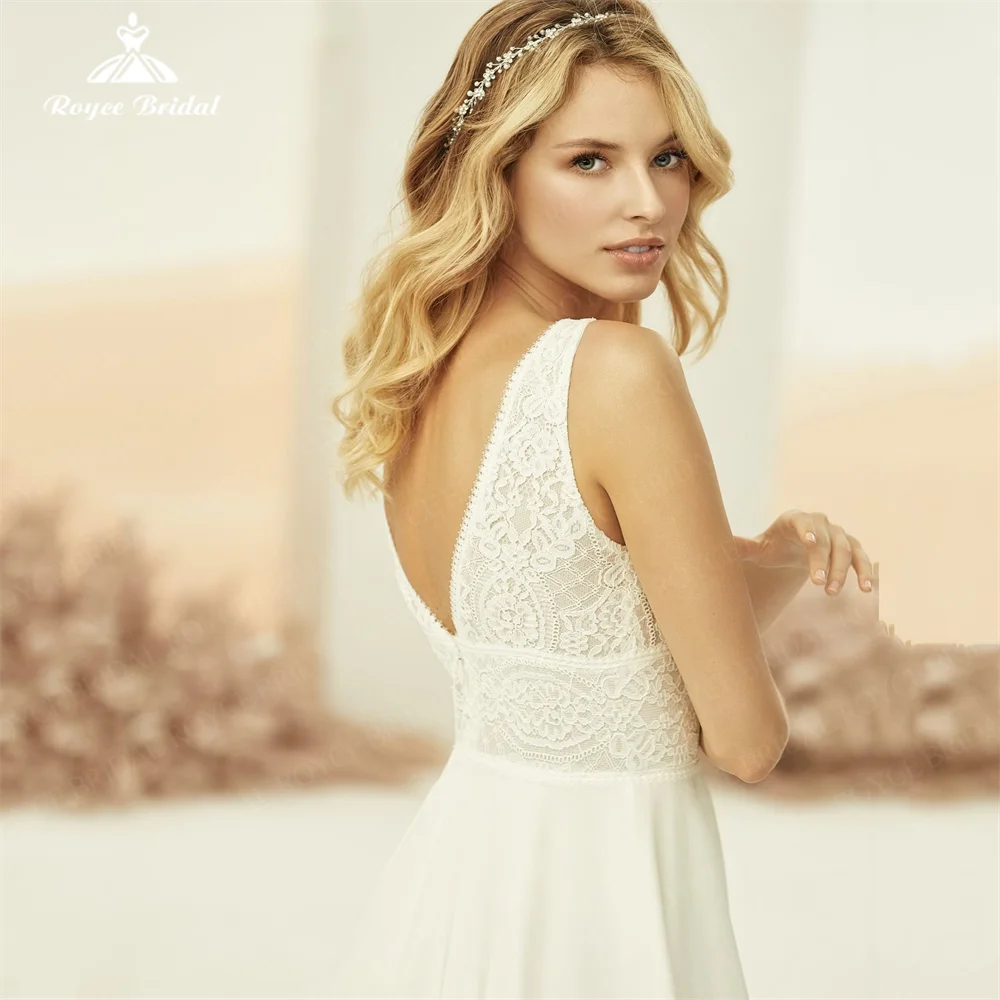 Roycebridal-vestido de Novia de encaje de gasa con cuello en V, traje bohemio moderno sin mangas, largo hasta el suelo