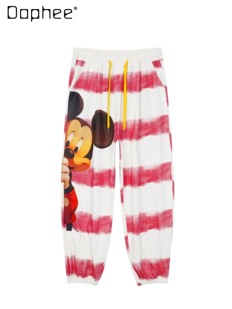 2024 Autumn New Red and White Color Striped Cartoon Printing Tide Brand Casual Pants Women Tied Feet Loose Sports Sweatpants