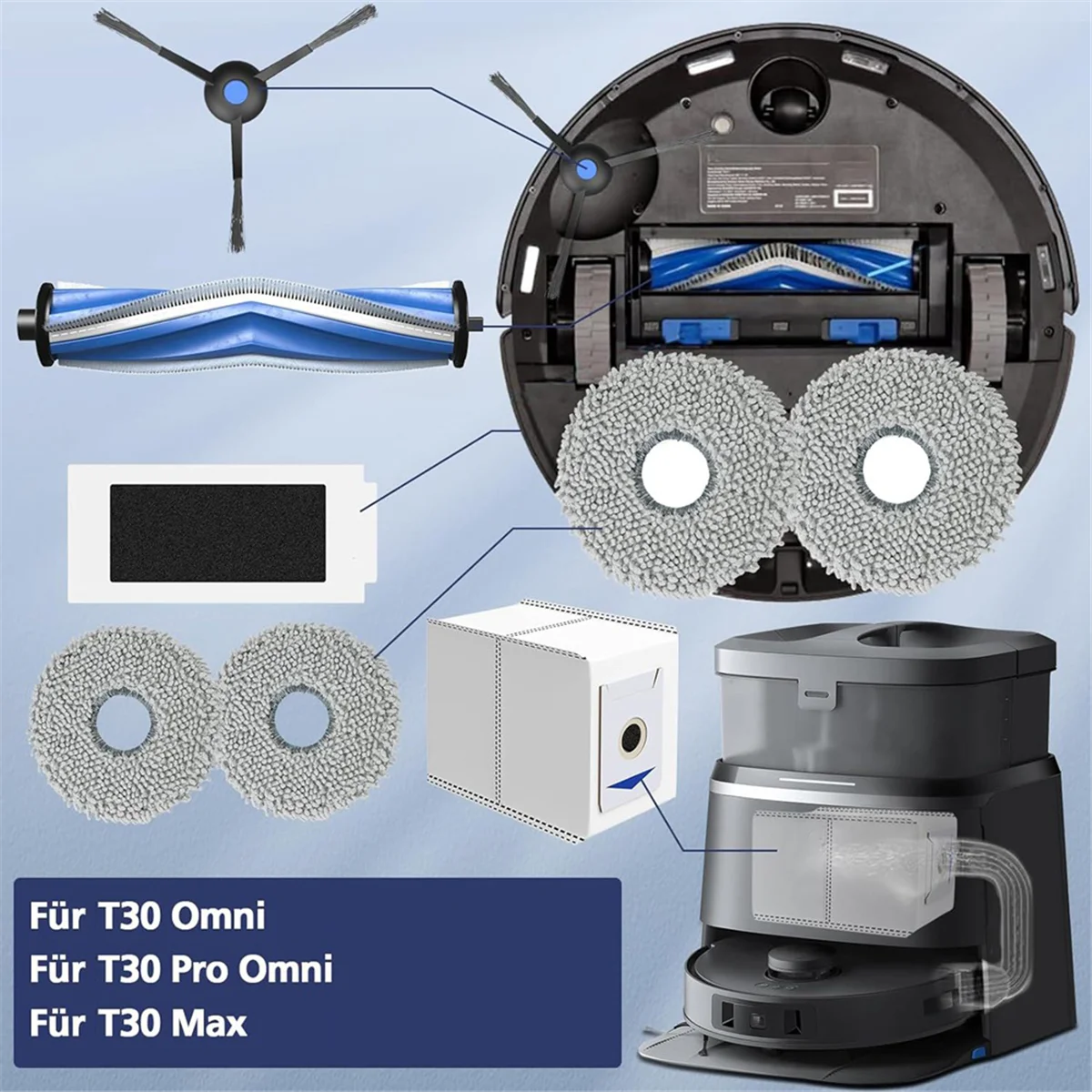 

A18Z For Ecovacs Deebot T30 Omni / T30 Pro Omni / T30 Max Vacuum Cleaner Main Side Brush Hepa Filters Dust Bags