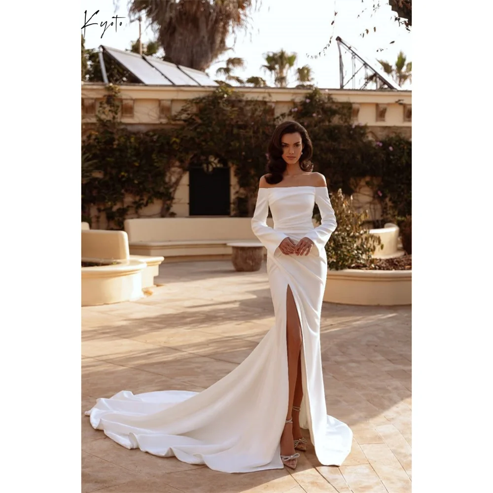

Kobe White Off the Shoulder Mermaid Prom Dress Side High Split Chapel Train Evening Dresses Elegant Customized Party Dresses