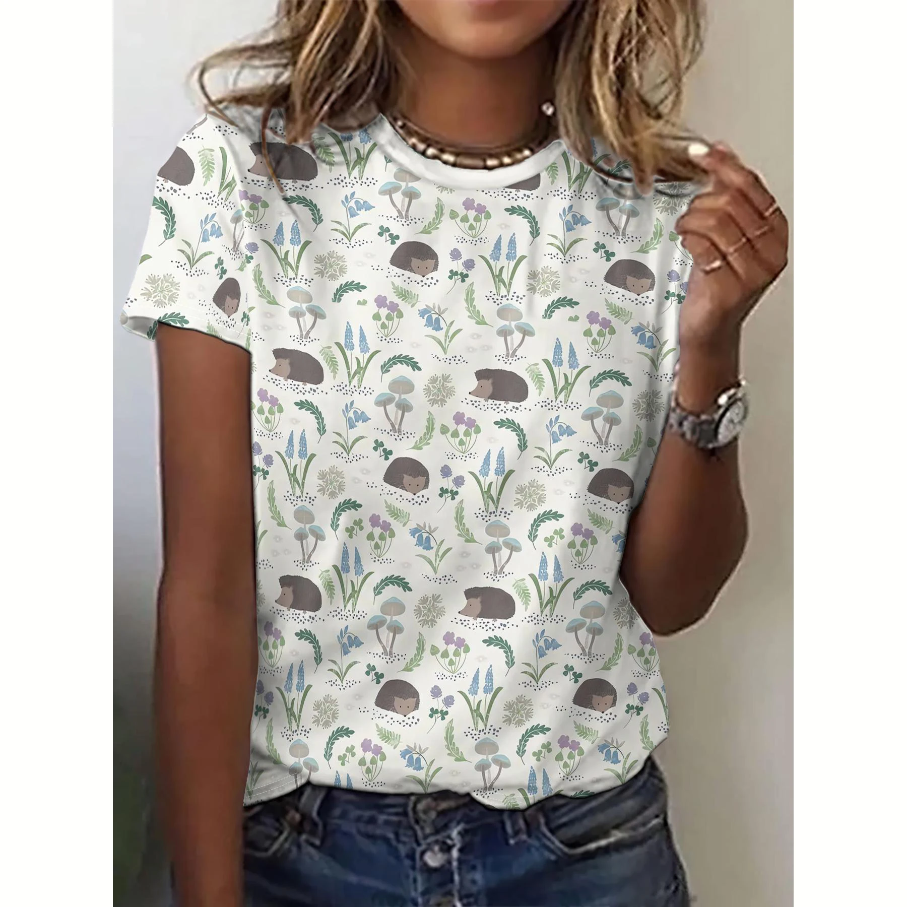 Summer Women\'s T Shirt Animal Hedgehog Print Casual O-Neck Short Sleeve Pullover Daily Outdoor Female T-Shirt Overszied Clothing