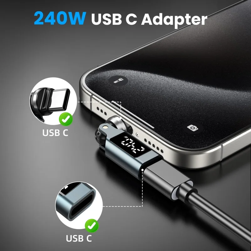 Adapter PD240W Type-C do Type-C męski na żeński z obrotową konstrukcją 540 stopni, wyświetlaczem cyfrowym OTG, szybkim ładowaniem 5A, konwerter do iPhone 16 i Xiaomi — zdjęcie produktu 5