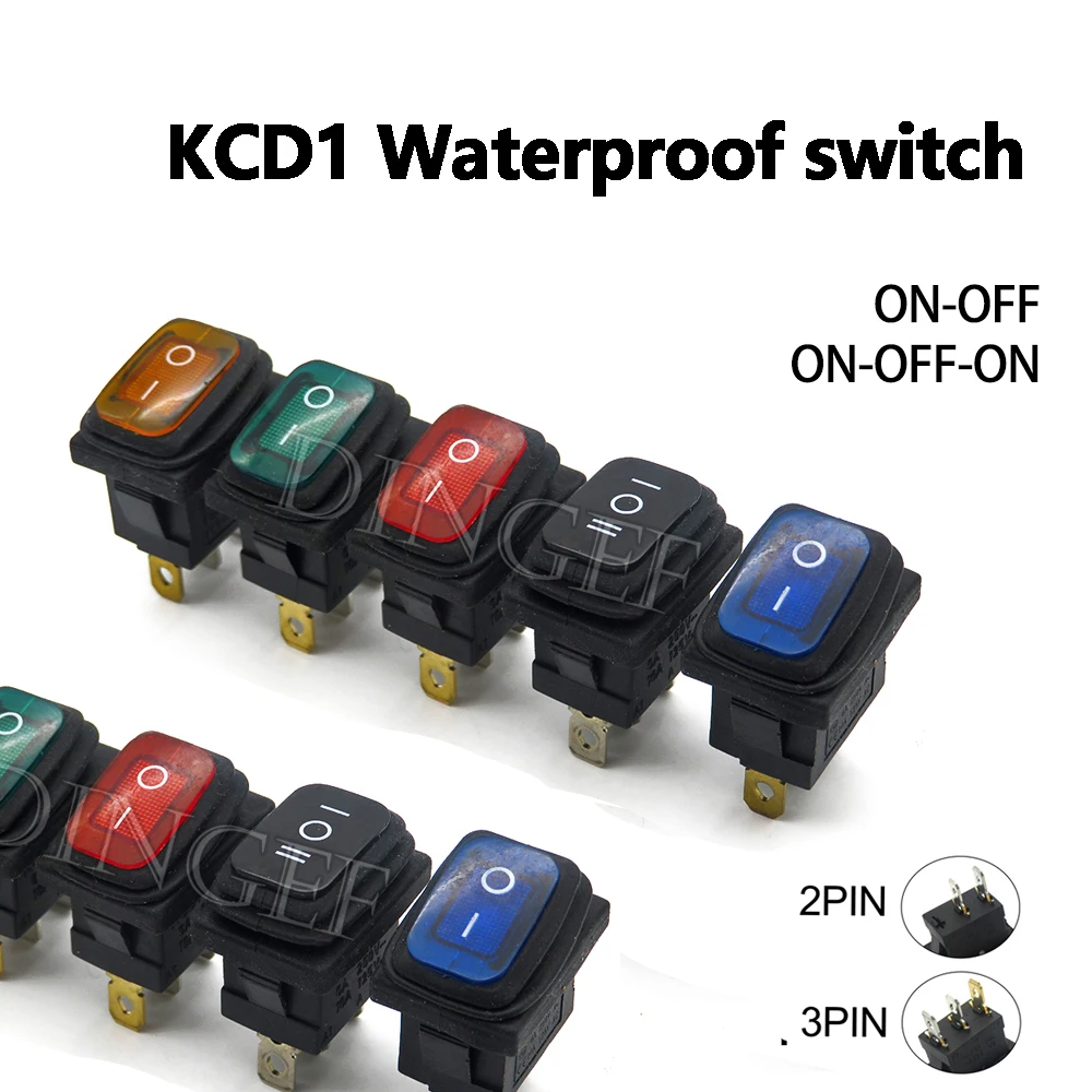 1PCS/lot KCD1 Waterproof switch 3PIN red with lights button rocker power switch oil-proof and dust-proof ON/OFF  Black/Red/Blue