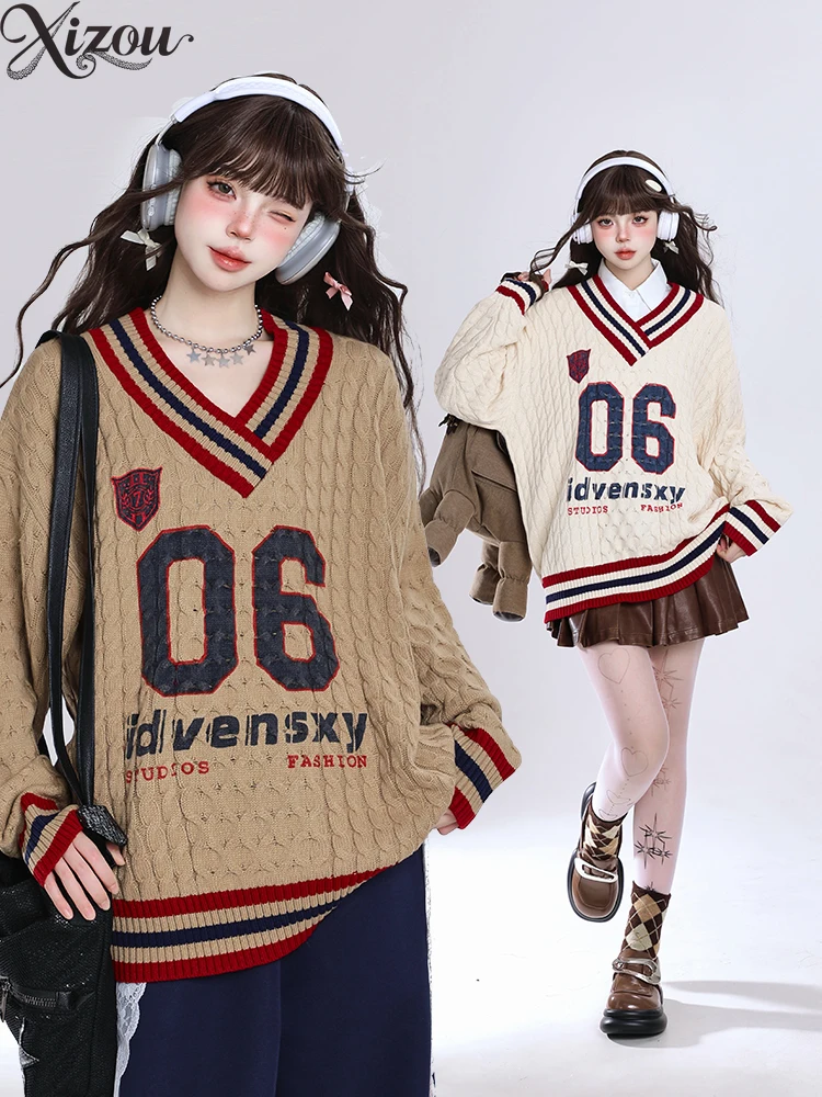 

2025 пуловер в стиле ретро с v-образным вырезом для женщин, новые осенне-зимние свободные свитера в винтажном стиле, вязаный топ с цветными блоками