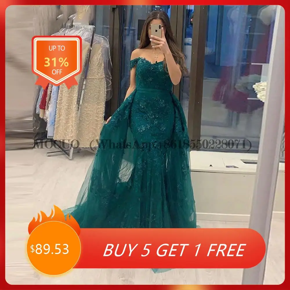 

Green Mermaid Lace Evening Dress Party Elegant 2022 Off The Shoulder Prom Gown Detachable Train 2 in 1 Long Dress