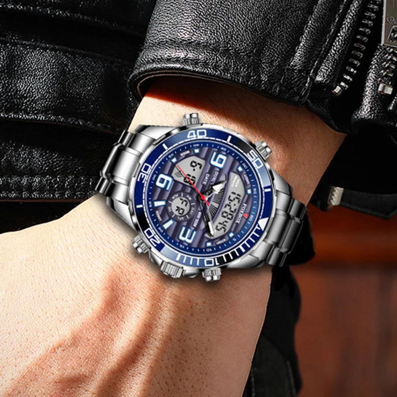 FOXBOX Top Luxury Original Sport Wrist Watch For Men Quartz All Steel Waterproof Dual Display Military Watches Relogio Masculino