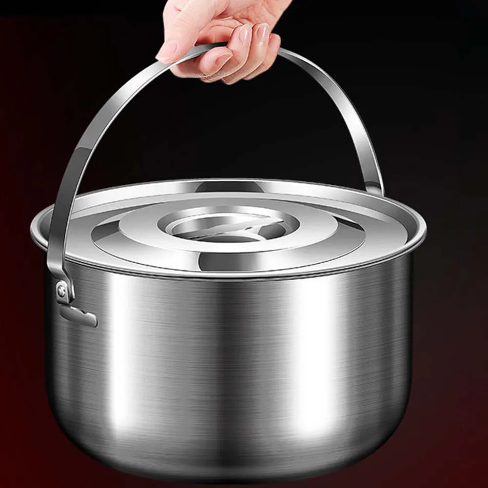 1X Outdoor Camping  Cookware Stainless Steel Pot With Lid  Handle 1.4/2.4/4/6L Outdoor Camping Pot Lid  Hanging Camping Cookware