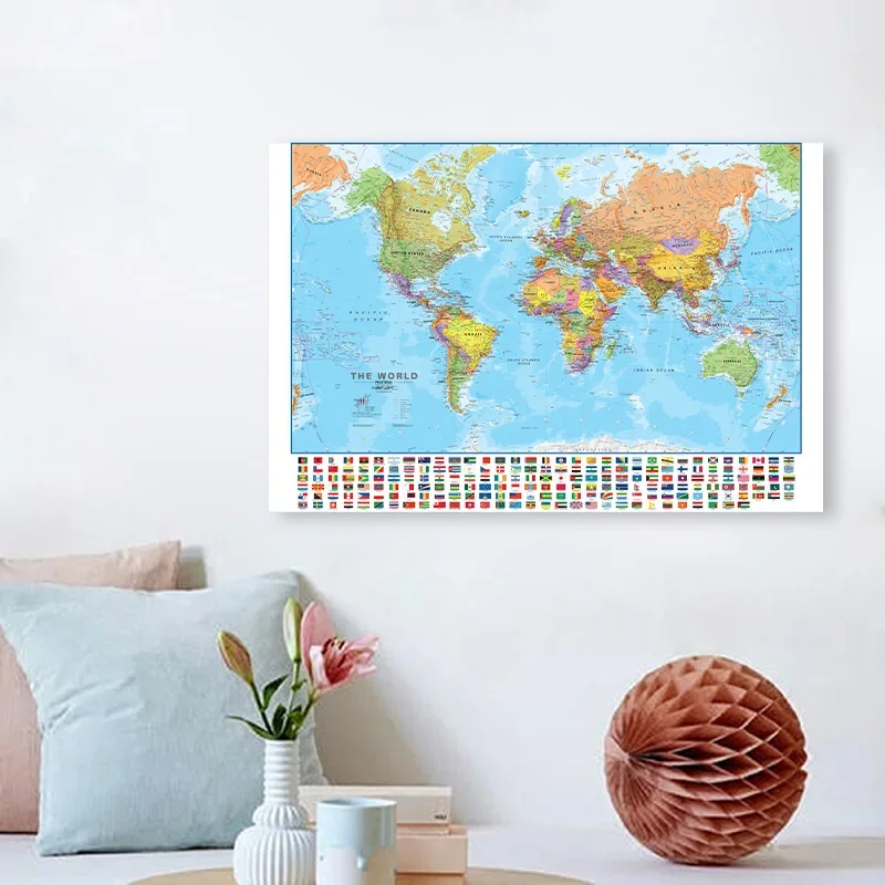 Mapa świata w języku angielskim obraz na płótnie plakat ścienny wystrój sztuka biuro szkolne Home Vintage Decoración 60*40cm