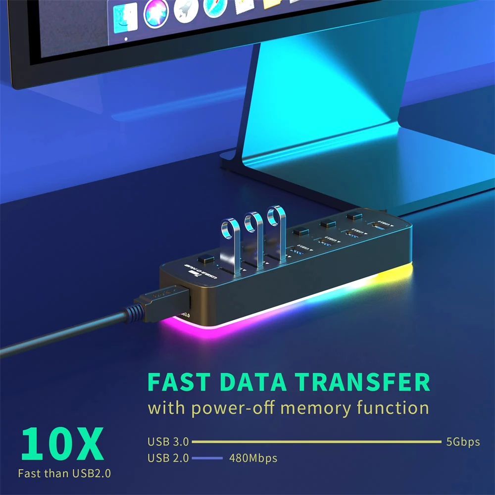 RGB USB 3.0 Hub 7 Ports Data Port Adapter 5Gbps Individual On/Off Switch Splitter Gaming USB Hub For Laptop PC Computer Accessor