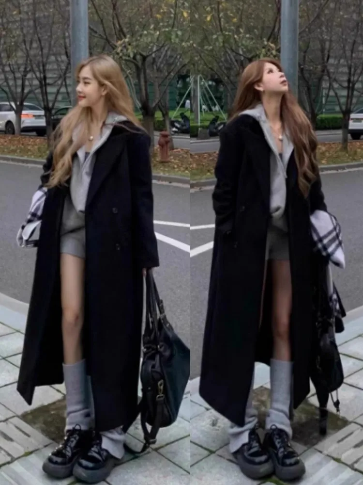 

Bla Thiened шерстяное пальто женское осенне-зимнее корейское хлопковое двубортное пальто средней длины на пуговицах Jaet