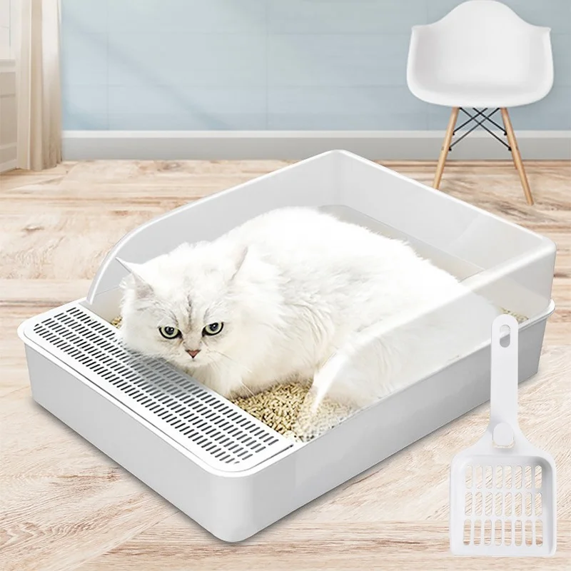 Pet Cat Semi-Open Bedpans Plastic Cats Litter Tray Box Anti-Splashing High Side Sifting Litter Box with Litter Sifting Scoop