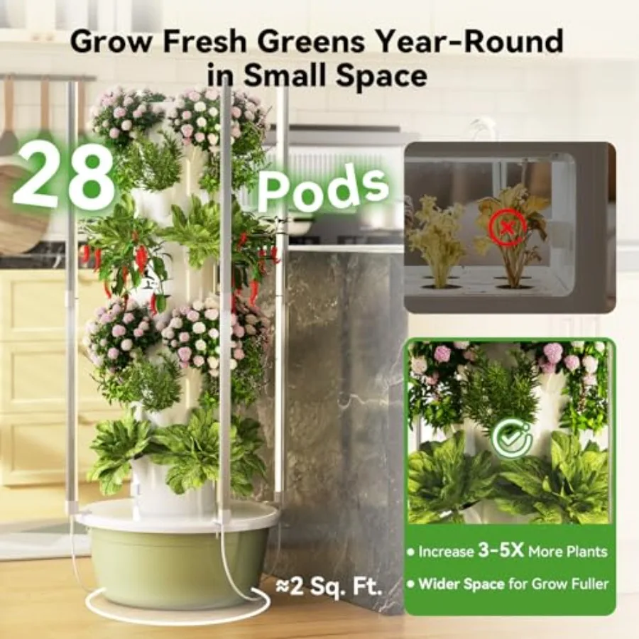 Hydroponics Growing Tower for indoor vegetable herb fruit cultivation, ABS plastic, white, 7-layer 28-pod space-saving vertical