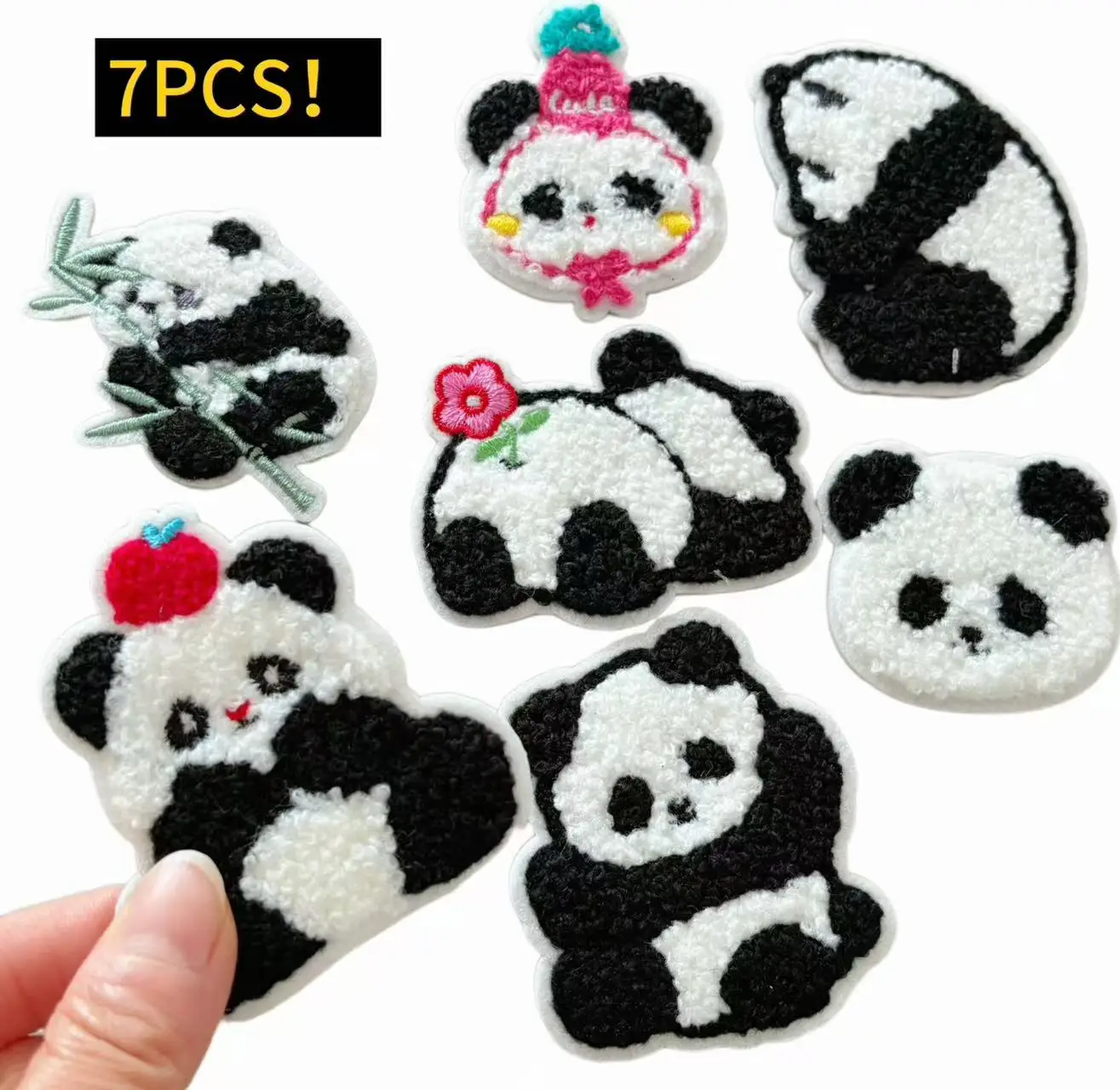

Набор из 7 милых вышитых нашивок с пандами: мультяшные панды в шапках, бамбук, цветы, вышитые аппликации для одежды, набор для рукоделия