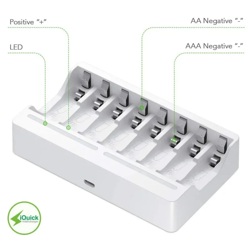 8-slot USB Individual Battery Smart Charger with 5V 2A Fast Charging Function 1.2V for Ni-MH Ni-CD AA AAA Rechargeable Batteries