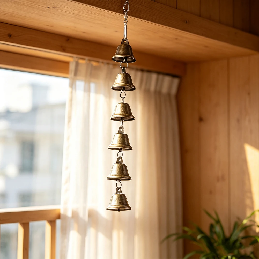 D9 Rustic Wind Chimes Hanging Lucky Metal Music Bell Chains Pendant +6 Hanging Bells Swivel Hook Window Garden Feng Shui Decor