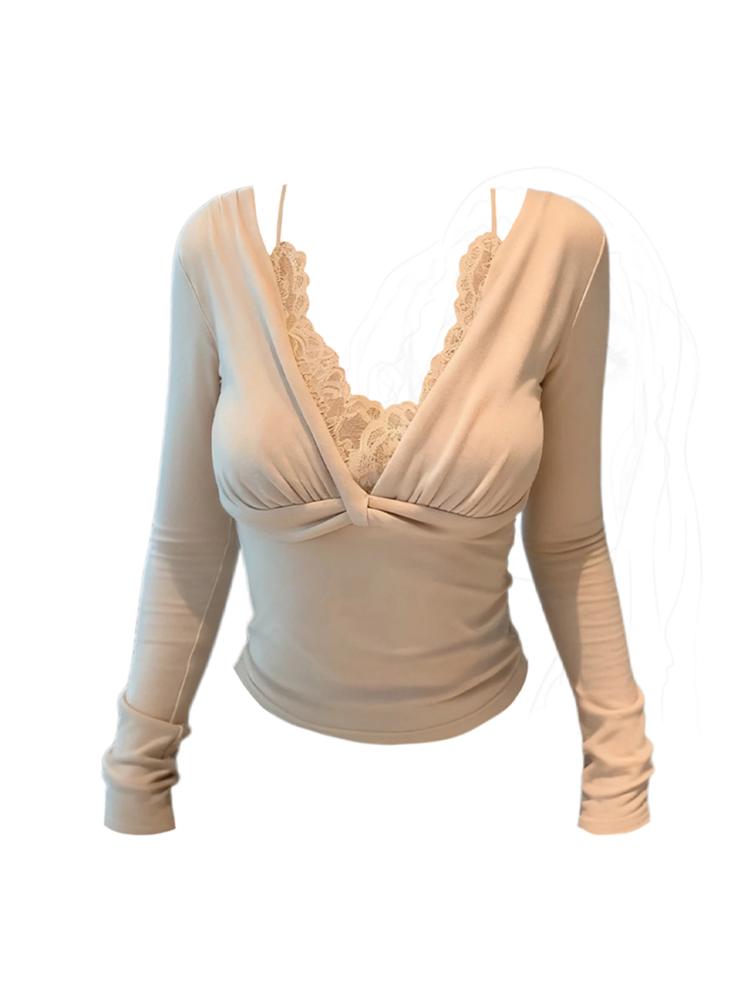 

Women Apricot Y2k 2000s T-shirt Vintage Harajuku Gyaru V-Neck Lace Patchwork Tee Top Long Sleeve Oversize T-shirts Clothes 2025
