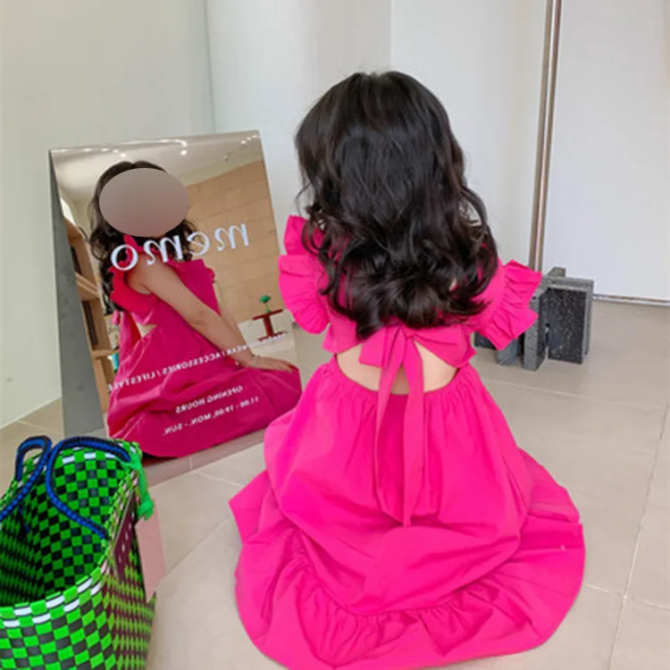 Summer Girls' Backless Big Bow Dress Korean Version Flying Sleeve Solid Color Kids Fashion Long Skirt