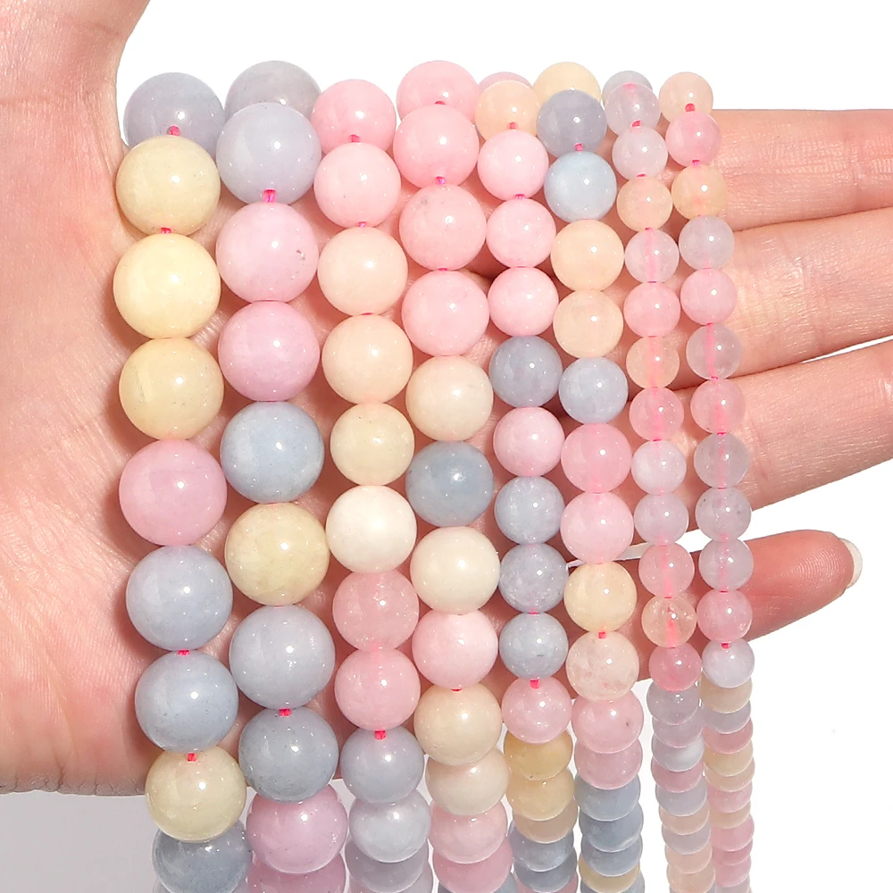 1 Strand Natural Morganite Stone Beads 6/8/10/12mm Color Smooth Round Loose Gem Bead for DIY Bracelets Necklace Jewelry Making