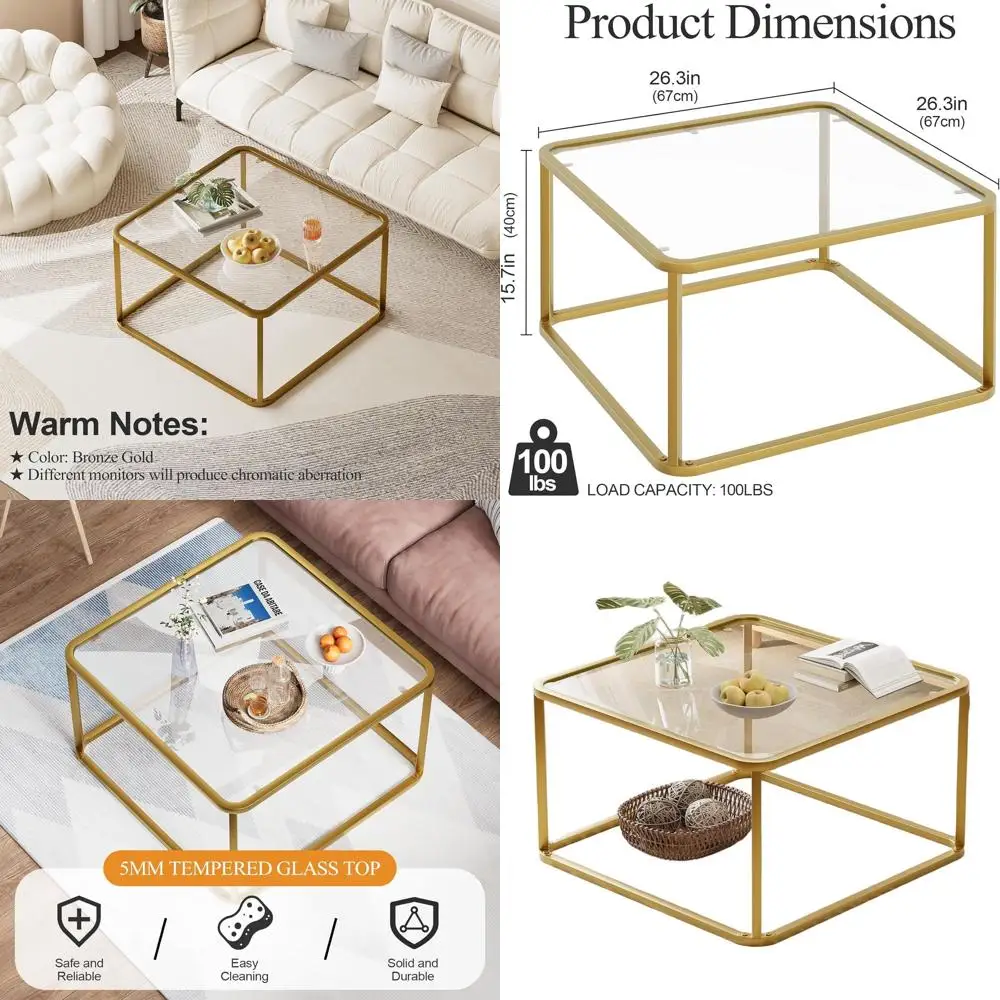 

Modern Gold Tempered Glass Coffee Table, Minimalist Square Design for Living Room & Office, Sturdy Metal Frame, Easy Assembly, 2