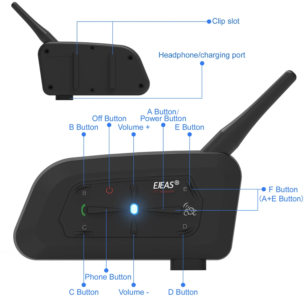 Imagem -03 - Ejeas v7 Bluetooth Motocicleta Interfone Capacete Fone de Ouvido Pilotos Comunicador 1200m Cancelamento Ruído Guiador Remoto