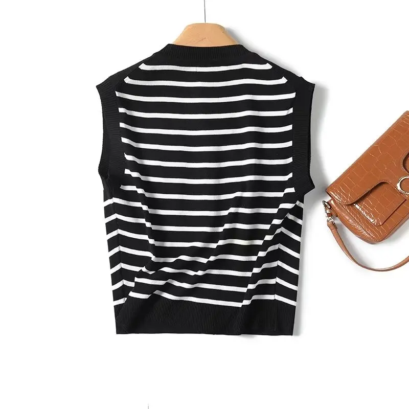 Dave&Di French Elegant Black Striped Knitted Vest Jacket Single Breasted Sleeveless Sweaters Women Tops