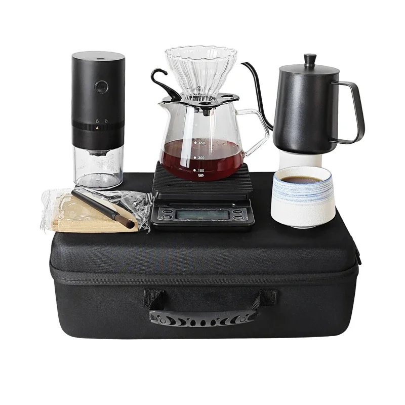 

Barista Grade Coffee Brewing Set Camping Hand Brewing Coffee Set with Handbag, Electric Grinder Travel Tea Coffee Set