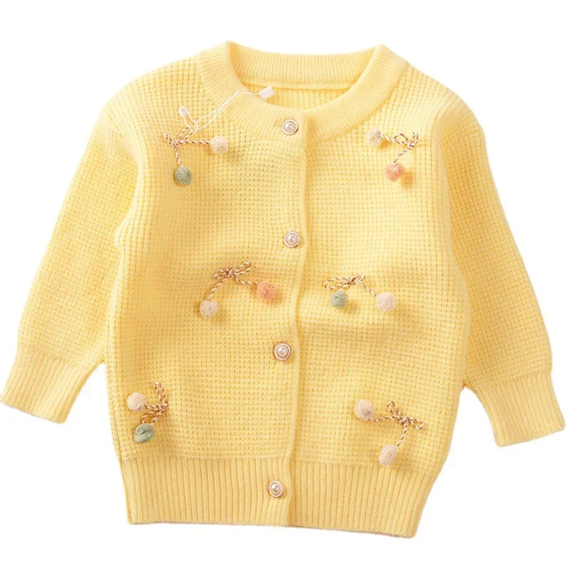 Autumn 2024 Girl Cardigan Sweater Lolita Style Children Knitwear Jacket Baby Top Kids Coat Toddler Sweet Solid Bow Clothes 1T-5T