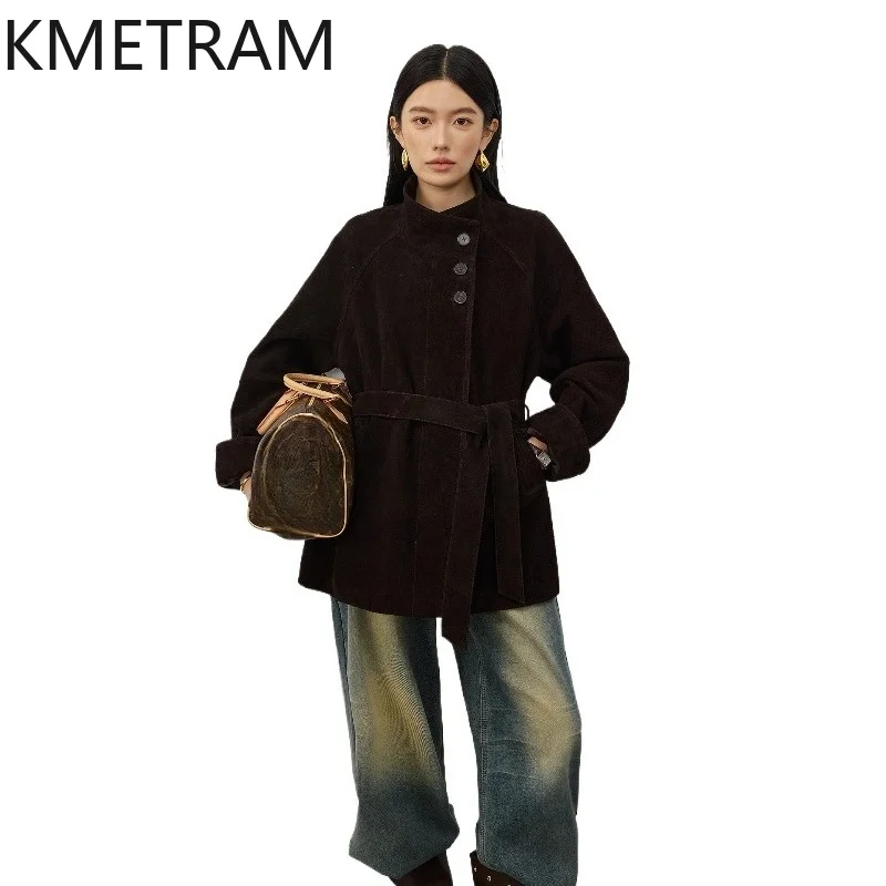 KMETRAM Real Top-Grain Cowhide Suede Leather Jacket Woman Premium Trench Coat Mid-Length Loose Jackets Fall Women Clothing 2026