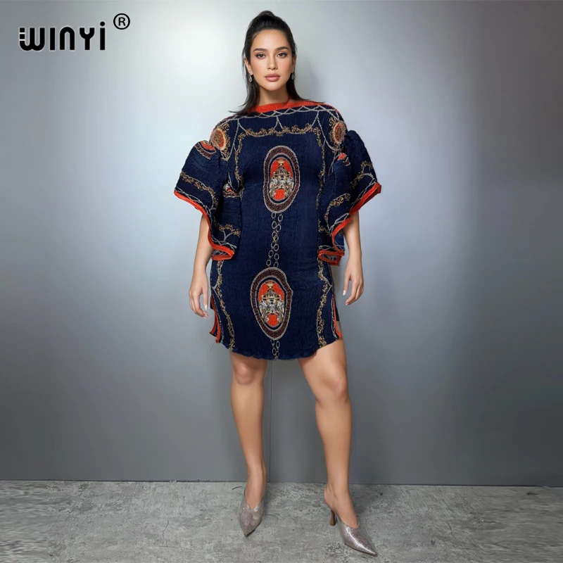 

WINYI Summer Africa Pleated Elastic slim short dress Women boho robe luxury party dress holiday beach wear evening dress abaya