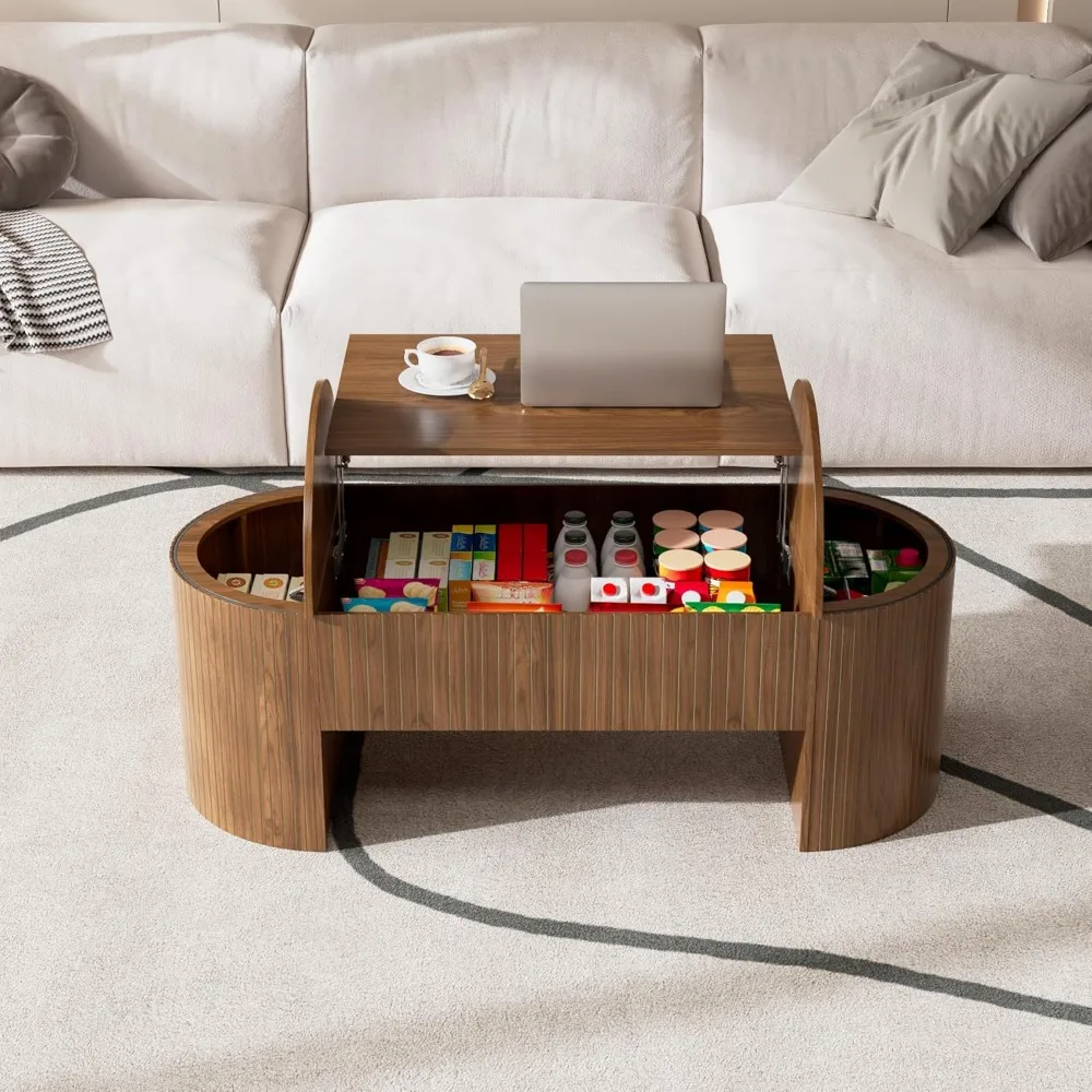 숨겨진 수납 공간이 있는 리프트 탑 커피 테이블, 거실용 리프트 탁상이 있는 타원형 미드 센추리 모던 커피 테이블,