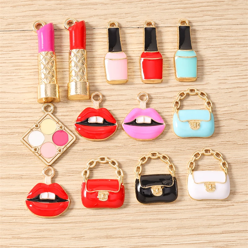 10pcs Cute Mix Enamel Bag Lipstick Makeup Charms Pendants for Jewelry Making Necklaces Earrings Bracelets DIY Crafts Accessories