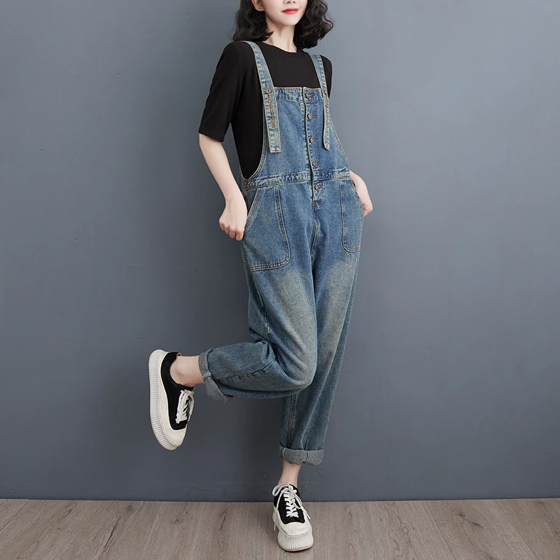 #1446Black Blue Denim Overalls Women Buttons Sleeveless Denim Jumpsuits Ladies Pockets Camisole Harem Jeans Jumpsuit Femme Loose