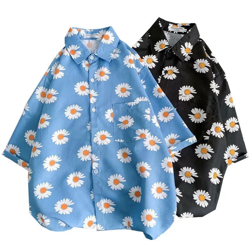 

Daisy Print Hawaiian Beach Shirt for Men 2023 Summer Short Sleeve Aloha Shirt for Men Resort Clothing Shirt