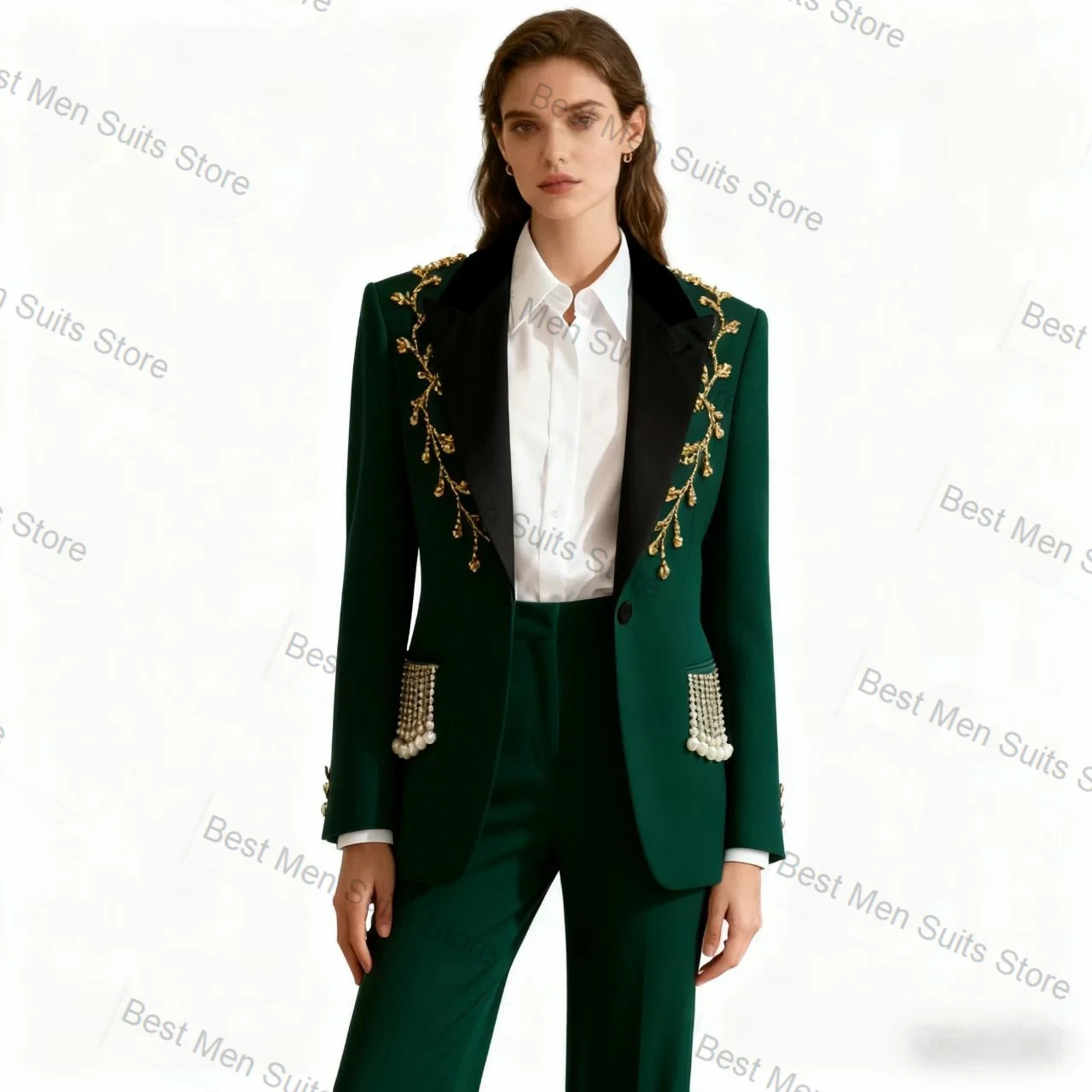 Różowy damski garnitur 2-częściowy z kryształami i perłami, marynarka + spodnie, jesień, formalny, do biura, żakiet, szyty na miarę, dla gościa weselnego, na studniówkę, płaszcz