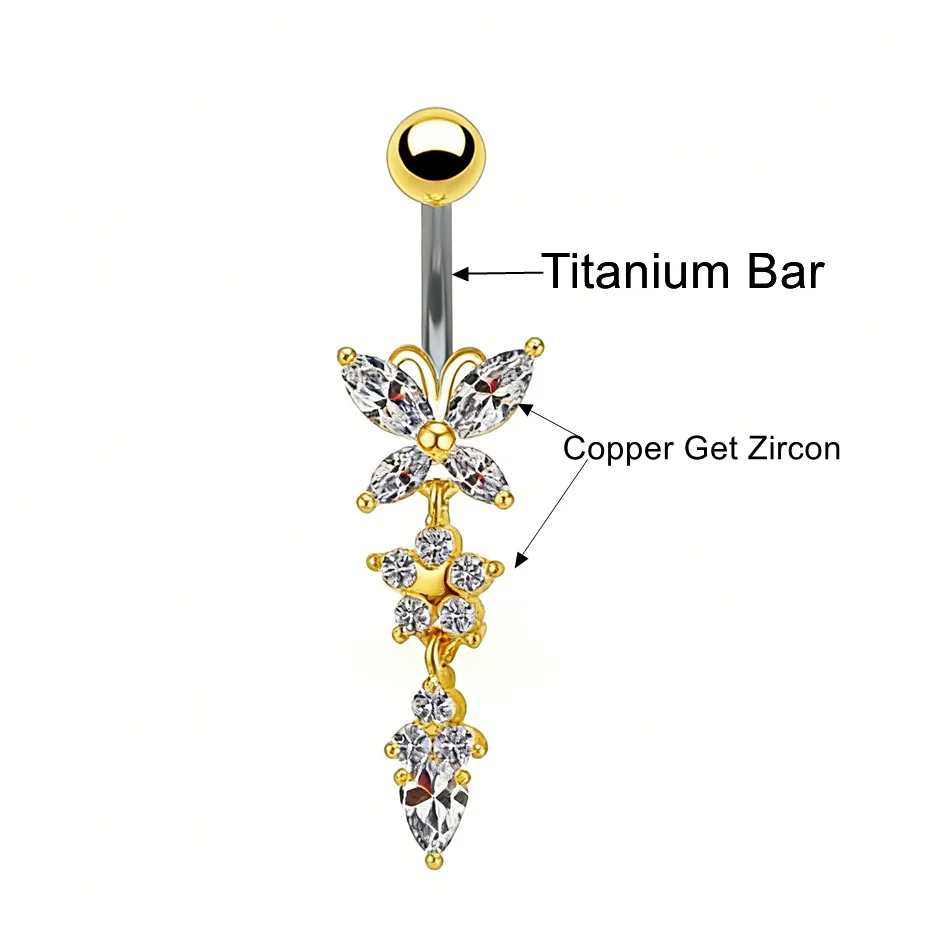 CZ Zircon Butterfly Dangle Belly Button Ring 14G