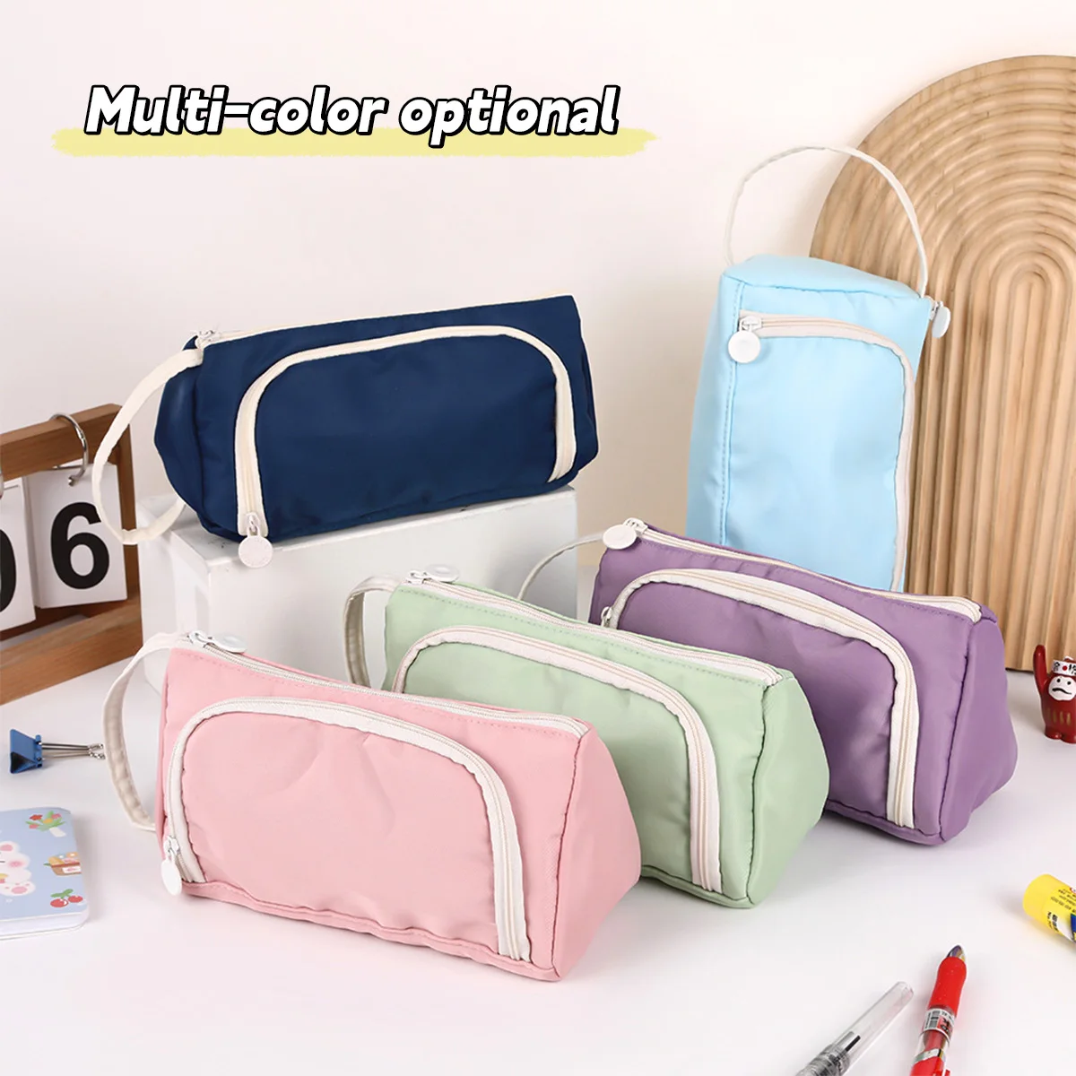 Kawaii Small Fresh Solid Color Pencil Bag Large Capacity Oblique Window Student Ins Style Multifunctional Storage Pencil Bag