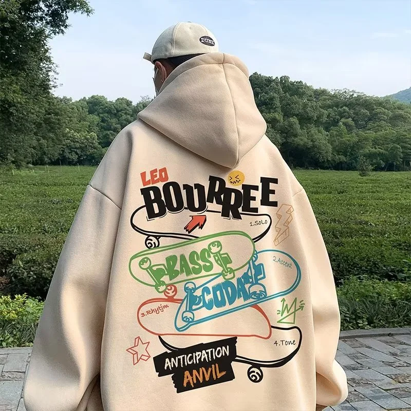 【Plus Size M-8XL Hooded】2025 New Men's Retro Street Graffiti letters back print Oversized Hoodie Korean Velvet Sweater