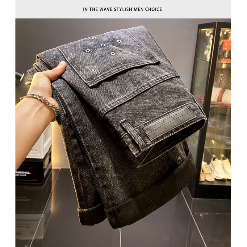 

Свободные прямые рваные джинсы с нашивками мужские осенью и зимой 2025 новый, стильный и стильный дизайн, длинные брюки