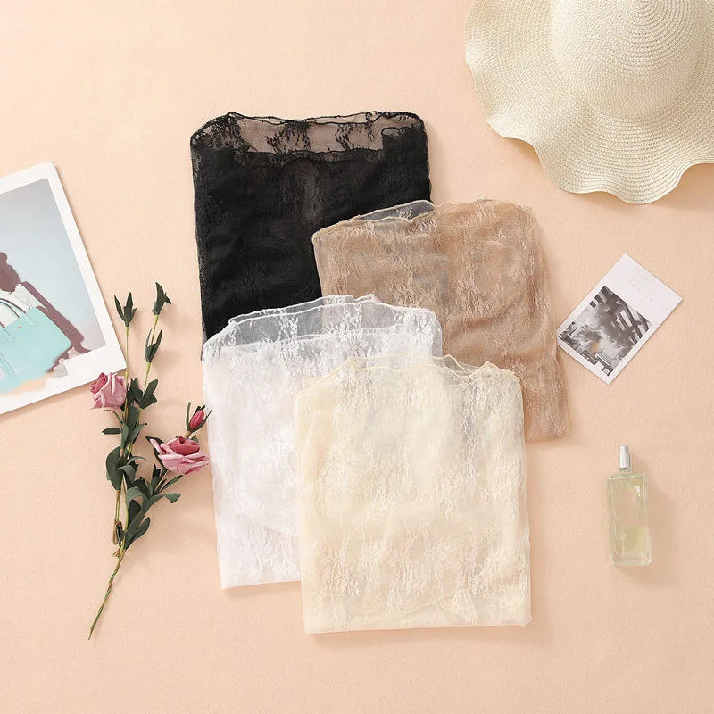 New Half High Collar Lace Shirt Women Clothing Hollow Transparent Mesh Top Perspective Long Sleeve Bottom Shirt Women Clothes