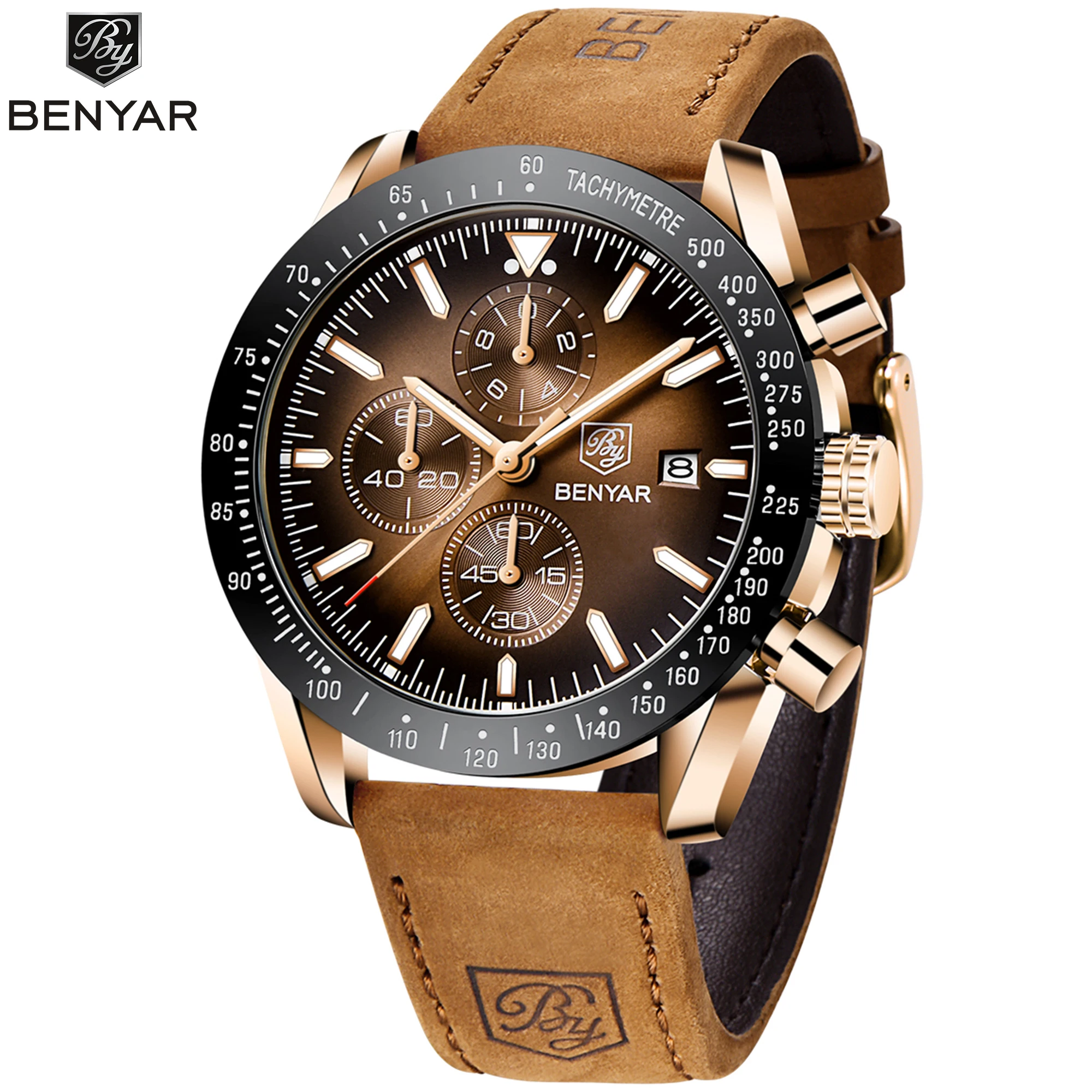 BENYAR Herren Analog Chronograph Sportuhr Edelstahl Präzisionsquarz Leuchtzeiger Datum wasserdicht multifunktionell Armbanduhr Stoppuhr Business Geschenk