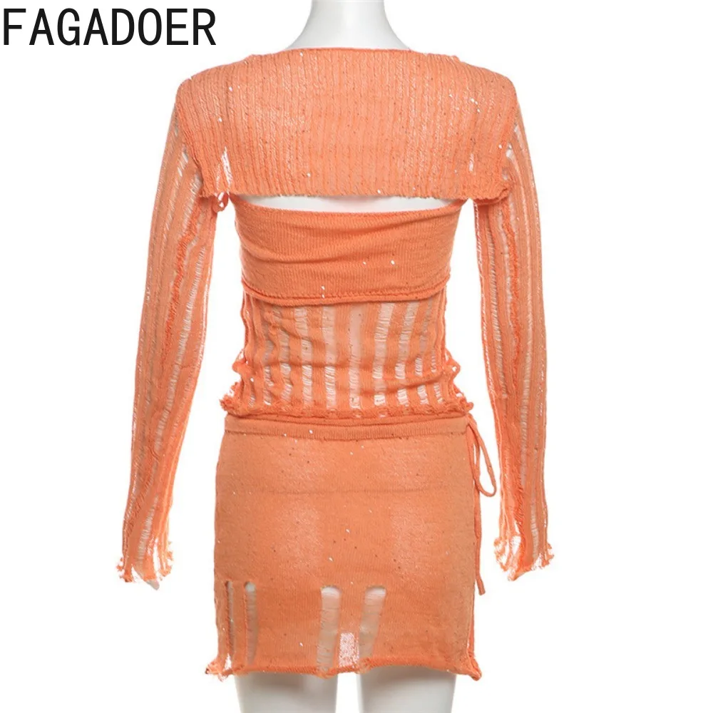 FAGADOER Sexy Mesh Perspective Hollow Two Piece Sets For Women Long Sleeve Slim Crop Top And Mini Skirts Outfits Female Clubwear