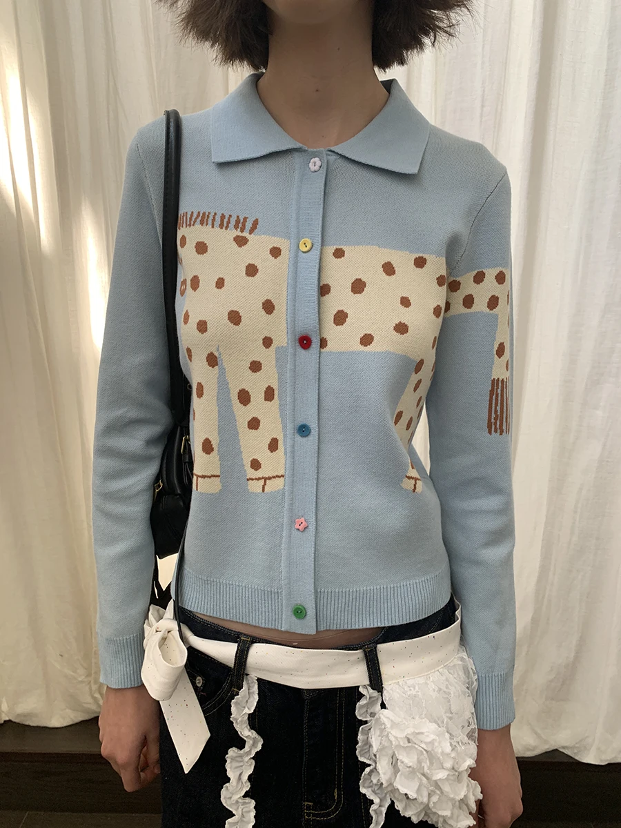 

Hers Series Rainbow Button Knitted Sweater Soft Cute Spot Pony Design White Enhancing Commute Sle Long Sve irt