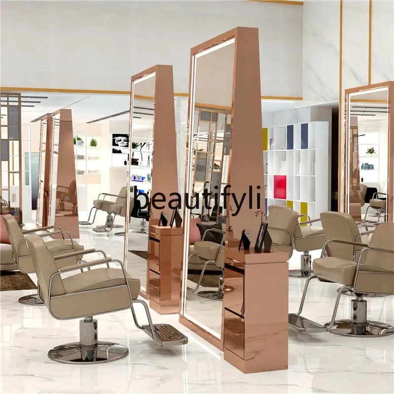 X Double-sided perming single-sided stainless steel mirror hair salon integrated floor-standing lamp hanging mirror
