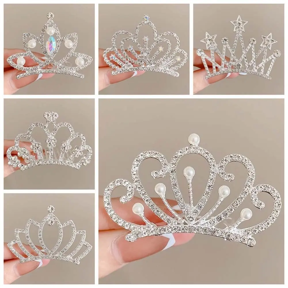 Pearl Crystal Crown Hair Comb Sweet Flower Star Rhinestone Hairpins Barrettes Korean Style Children Tiara Headband Party